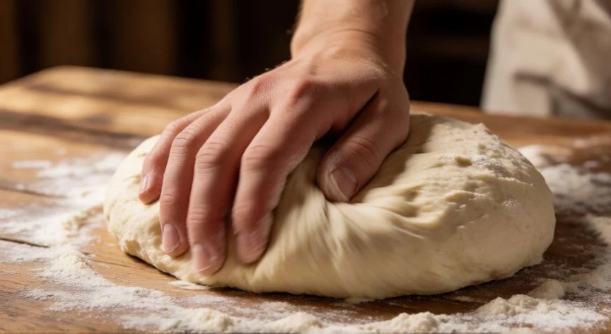 Manos amasando masa de pan francés con harina sobre mesa de madera