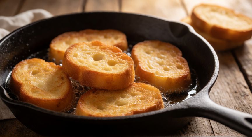 como hacer pan frito, Rodajas de pan frito doradas en una sartén de hierro fundido sobre mesa de madera