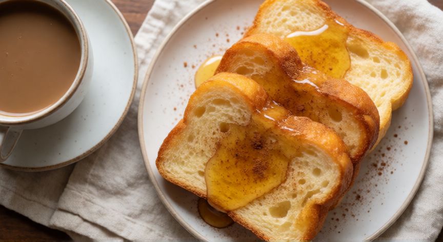 como hacer pan frito, Plato de pan frito esponjoso con miel y canela acompañado de una taza de café