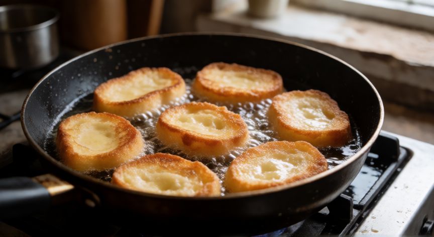 como hacer pan frito chino, Rodajas de pan frito dorándose en aceite caliente dentro de una sartén