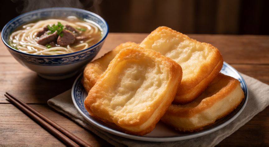 como hacer pan frito chino, Plato de pan frito chino esponjoso acompañado de una taza de sopa de fideos al caldo