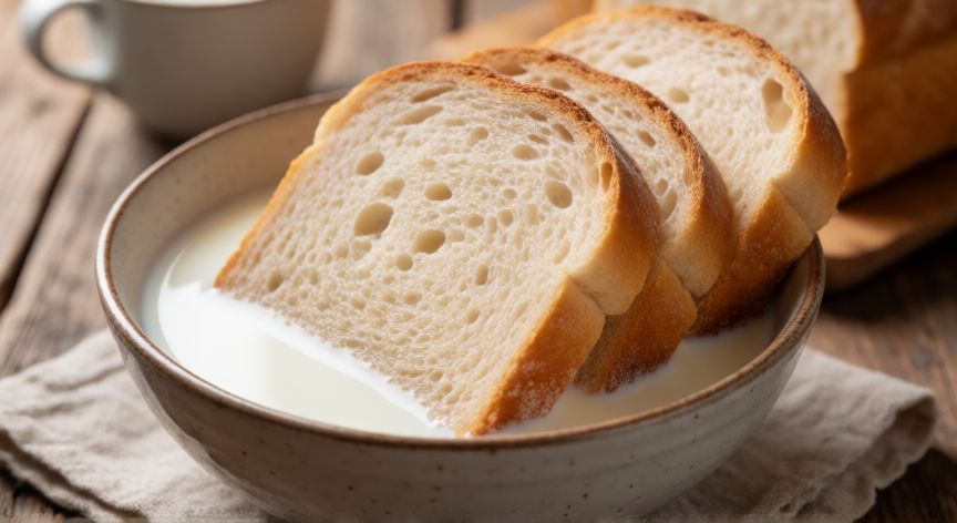 como hacer pan frito en freidora de aire, Rebanadas de pan remojo en leche preparándose para la freidora de aire