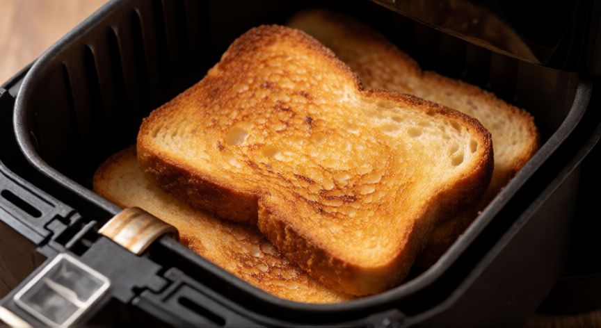 como hacer pan frito en freidora de aire, Pan frito dorado y crujiente dentro de la cesta de una freidora de aire