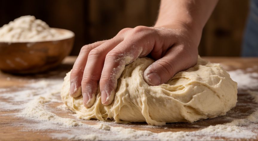 como hacer pan gallego, Amasado de masa de pan gallego sobre tabla de madera