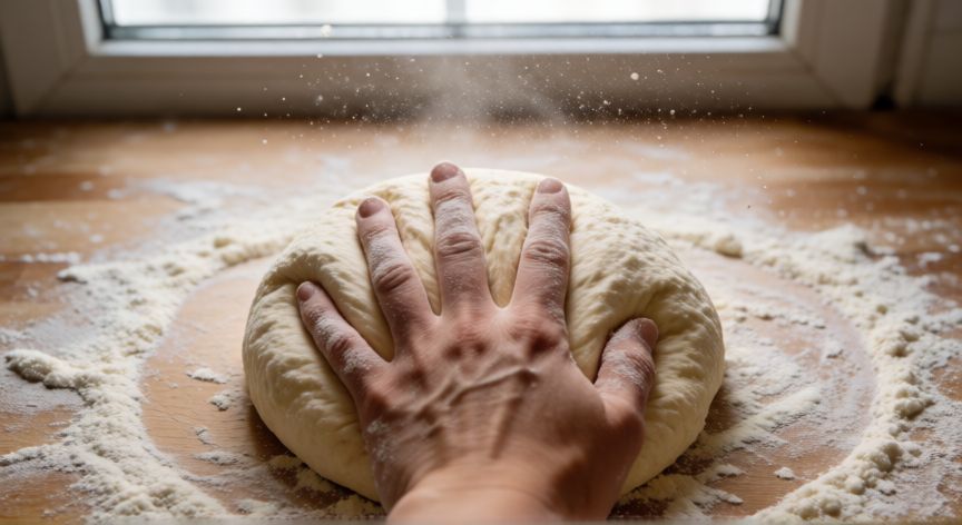 como hacer pan gallego casero, Manos amasando masa de pan gallego sobre superficie enharinada con luz natural