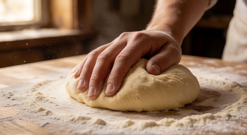 como hacer pan galleta, Manos amasando masa suave de pan galleta sobre superficie de madera enharinada
