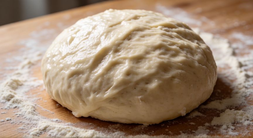 como hacer pan globo, Masa de pan globo en fase de fermentación sobre encimera de madera