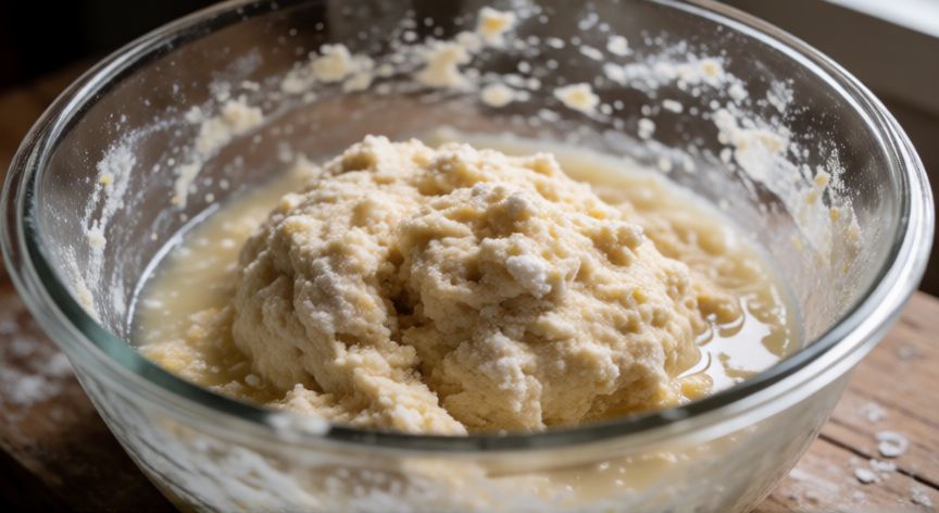 como hacer pan gluten free, Mezclando la masa de pan sin gluten con maicena y harina de arroz en un bol de cristal