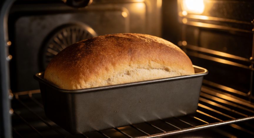 como hacer pan gluten free, Pan sin gluten dorándose en el horno con corteza crujiente y miga esponjosa