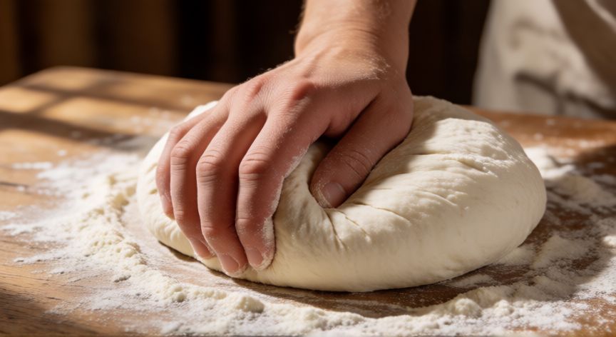 como hacer pan guatemalteco, Manos amasando masa de pan con harina sobre mesa de madera