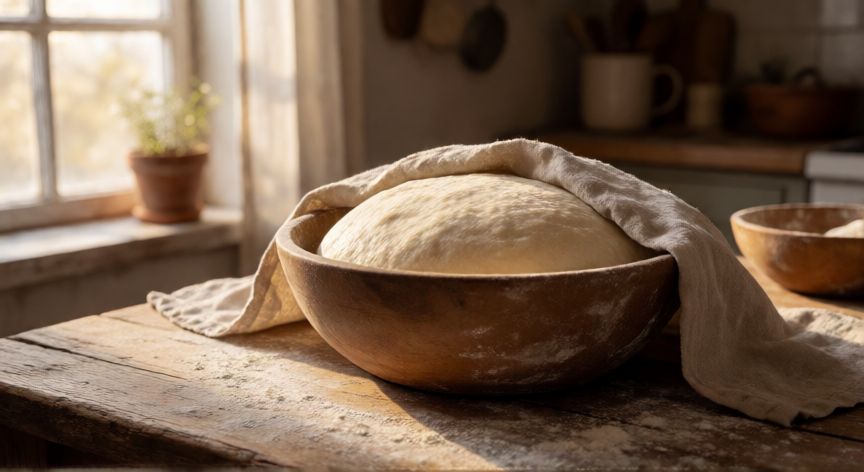 como hacer pan gusanito, Masa de pan gusano reposando en un bol de madera sobre una mesa de cocina