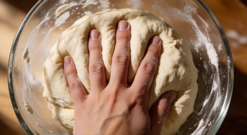 como hacer pan harina 000, Manos amasando masa de pan con harina 000 mostrando su elasticidad y desarrollo del gluten