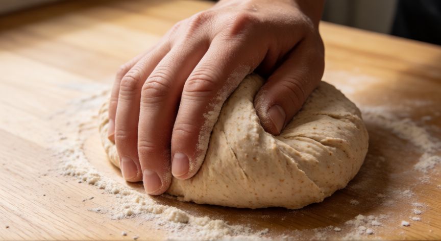 como hacer pan harina integral, Manos amasando masa de harina integral sobre encimera de madera