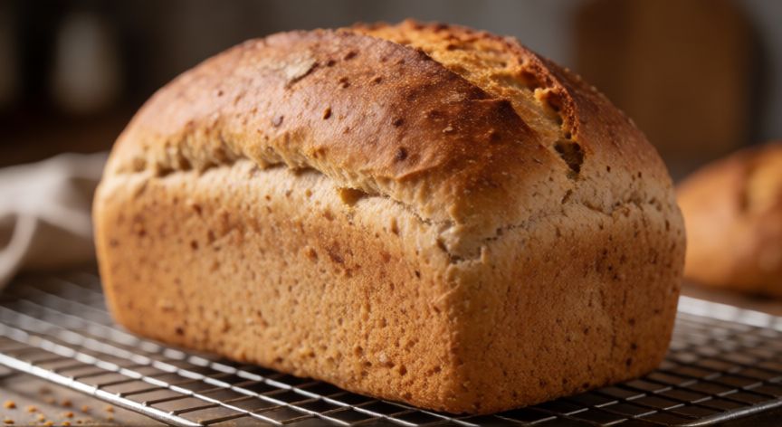 como hacer pan harina integral, Pan de harina integral recién horneado enfriándose en rejilla