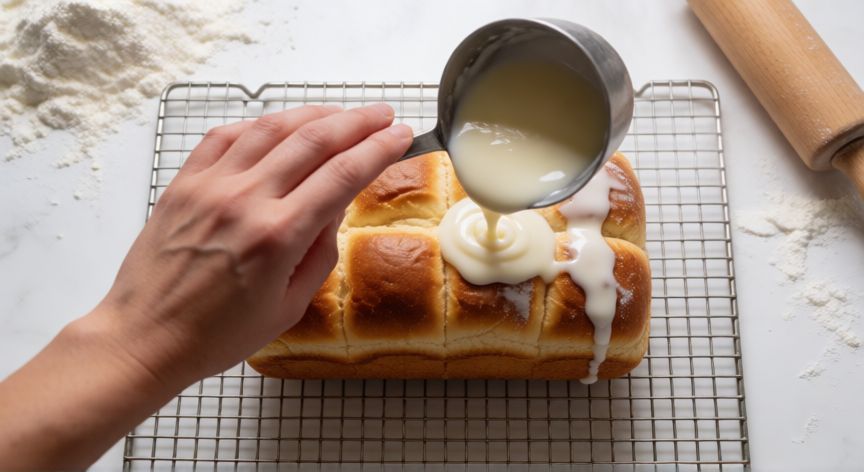 como hacer pan hawaiano, Vertiendo mezcla de mantequilla y leche condensada sobre pan hawaiano caliente