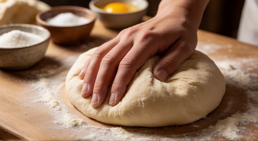 como hacer pan hawaiano con masa de hojaldre, Manos amasando masa suave para pan hawaiano sobre mesa de madera