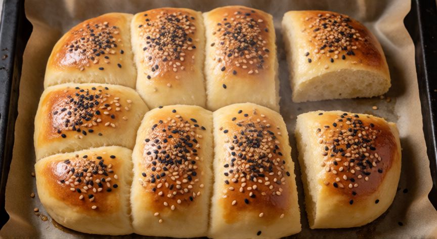como hacer pan hawaiano con masa de hojaldre, Panes hawaianos recién horneados con semillas de sésamo en bandeja