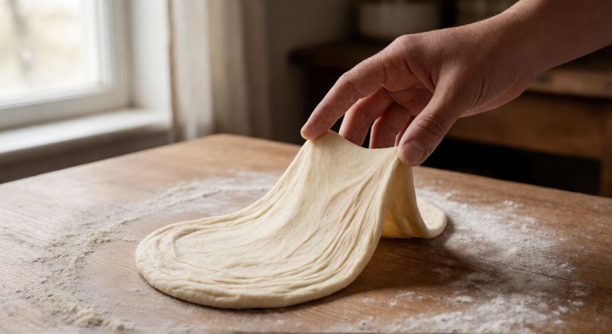 como hacer pan hindú, Manos estirando la masa laminada del pan hindú sobre una mesa de madera con harina