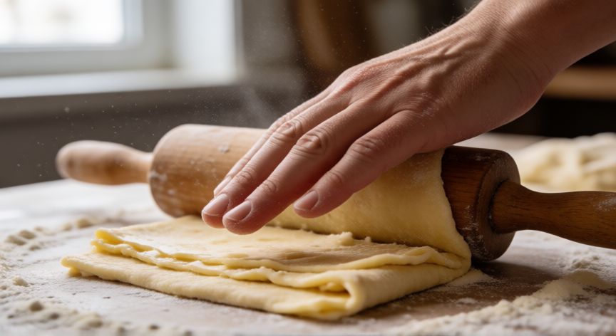 como hacer pan hojaldrado, Proceso de laminación de masa para pan hojaldrado con rodillo y harina