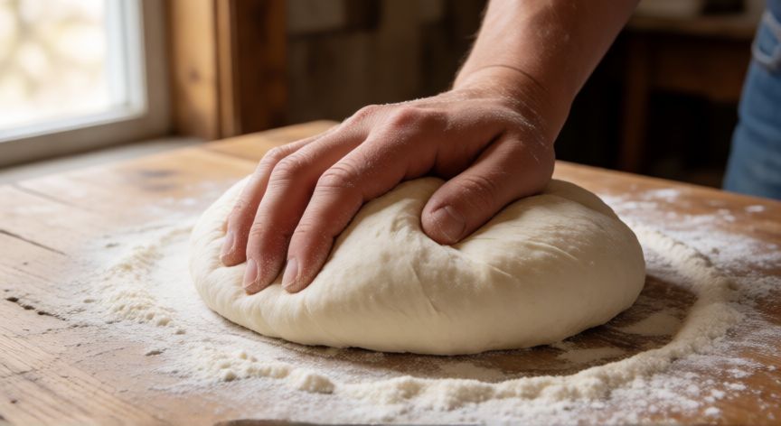 cómo hacer pan hondureño, Manos amasando masa de pan hondureño sobre mesa de madera