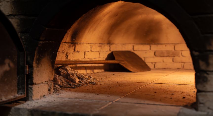 como hacer pan horno de leña, Interior de horno de leña listo para hornear con cenizas apartadas