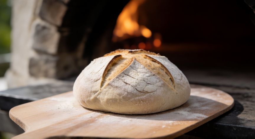 como hacer pan horno de leña, Hogaza de masa madre sobre pala lista para entrar al horno de leña