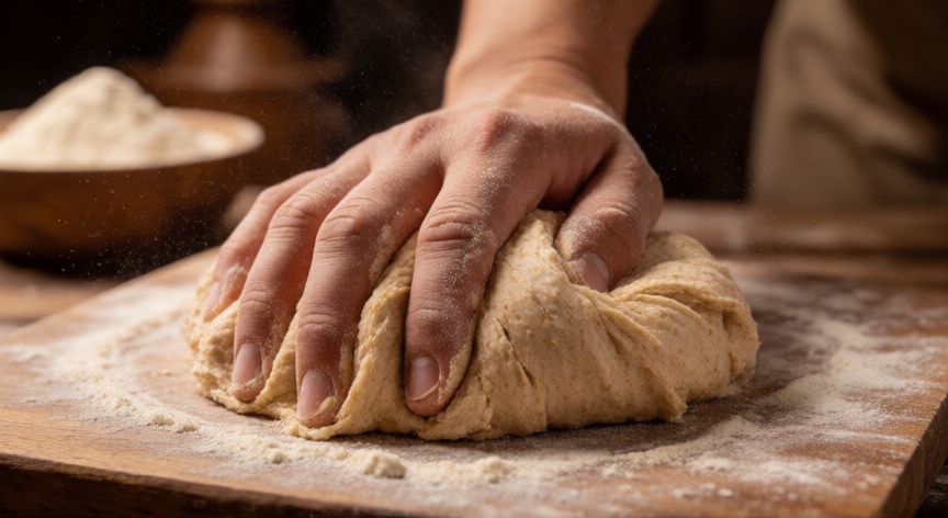 como hacer pan indio, Amasando la masa de harina integral para pan indio tradicional