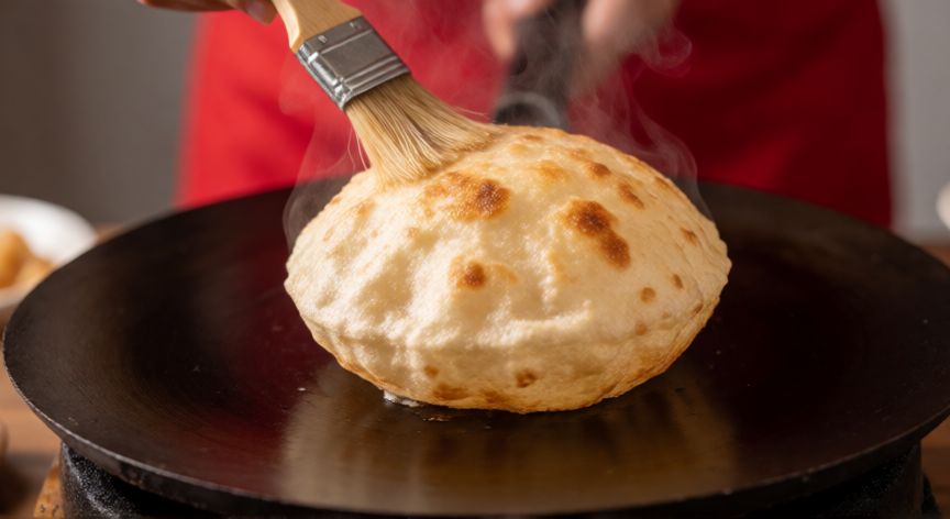 como hacer pan indio, Pan indio inflándose en la plancha caliente con mantequilla de ghee