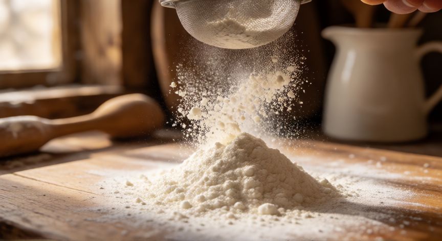como hacer pan ingredientes, Harina de fuerza cayendo sobre una mesa de madera en una cocina rústica