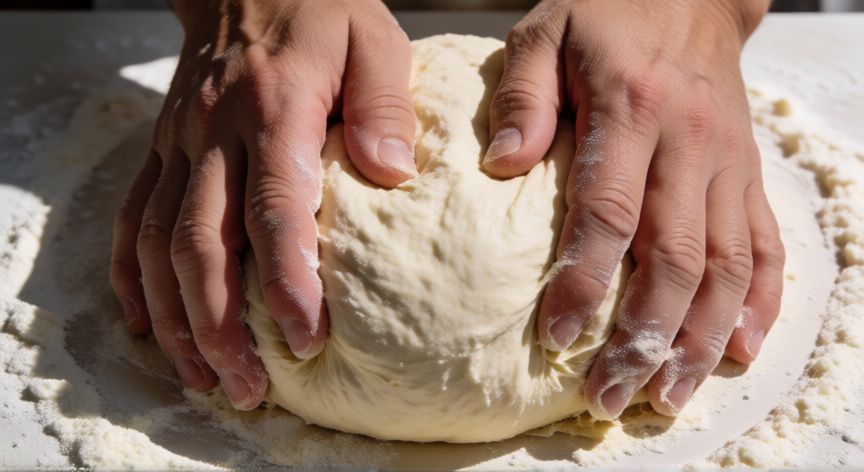 como hacer pan ingredientes, Manos amasando una masa de pan elástica sobre una superficie enharinada