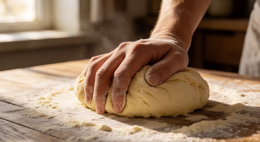 como hacer pan instantaneo, Manos amasando masa de pan sobre mesa de madera con harina