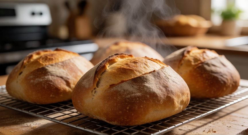 como hacer pan instantaneo, Panes de masa madre dorados enfriándose en rejilla metálica
