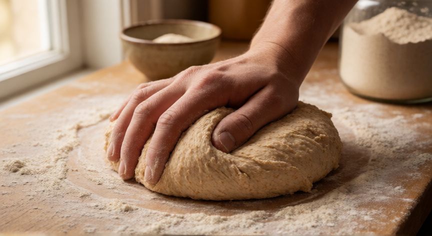 como hacer pan integral casero, Manos amasando masa de pan integral sobre superficie de madera