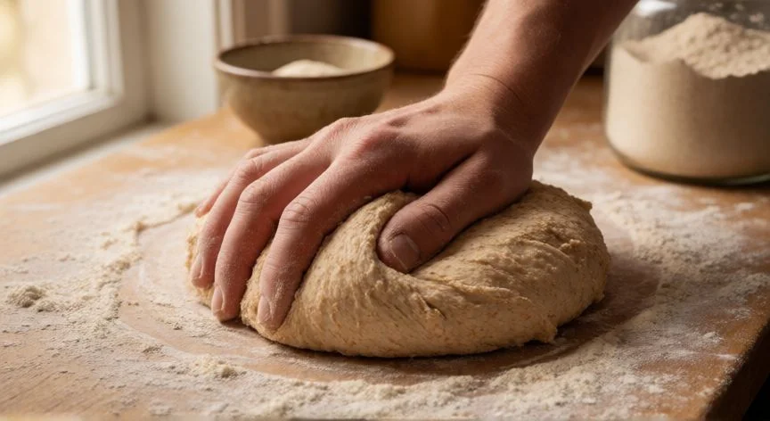 Manos amasando masa de pan integral pegajosa sobre una mesa de madera con harina espolvoreada
