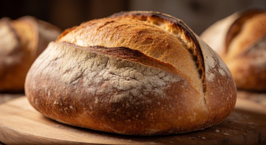 como hacer pan integral con masa madre, Pan integral de masa madre recién horneado sobre tabla de madera