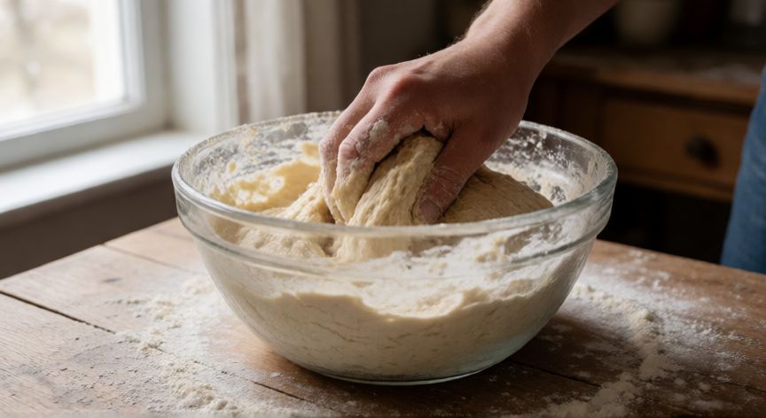 como hacer pan integral con masa madre, Manos amasando masa de pan integral con harina espolvoreada
