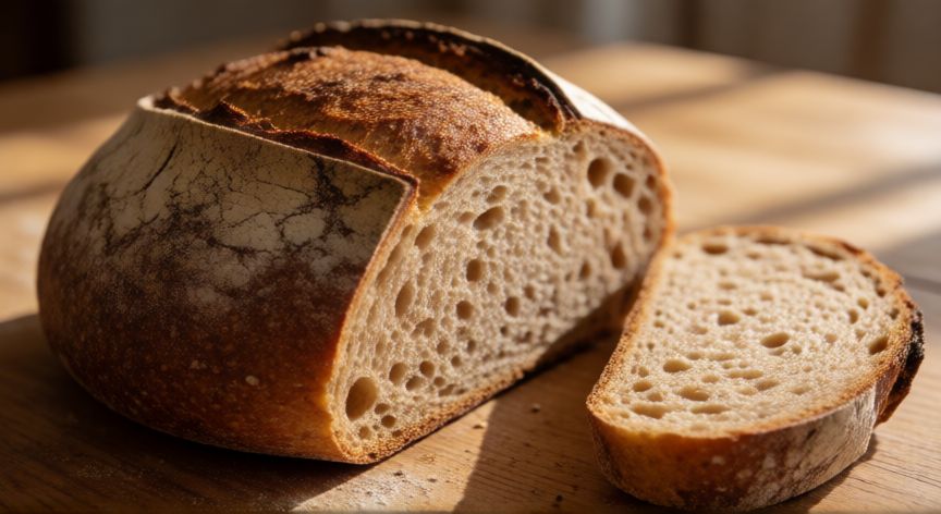 como hacer pan integral de centeno, Pan de centeno integral recién horneado con corteza dorada sobre mesa de madera