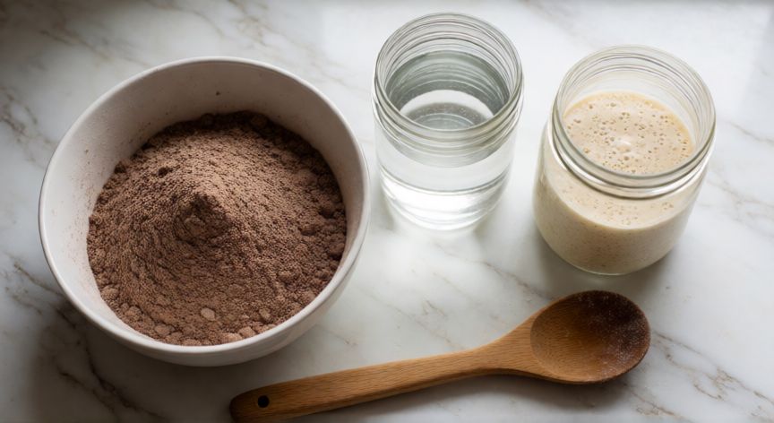 como hacer pan integral de centeno, Ingredientes para pan de centeno: harina, agua y masa madre sobre encimera de mármol
