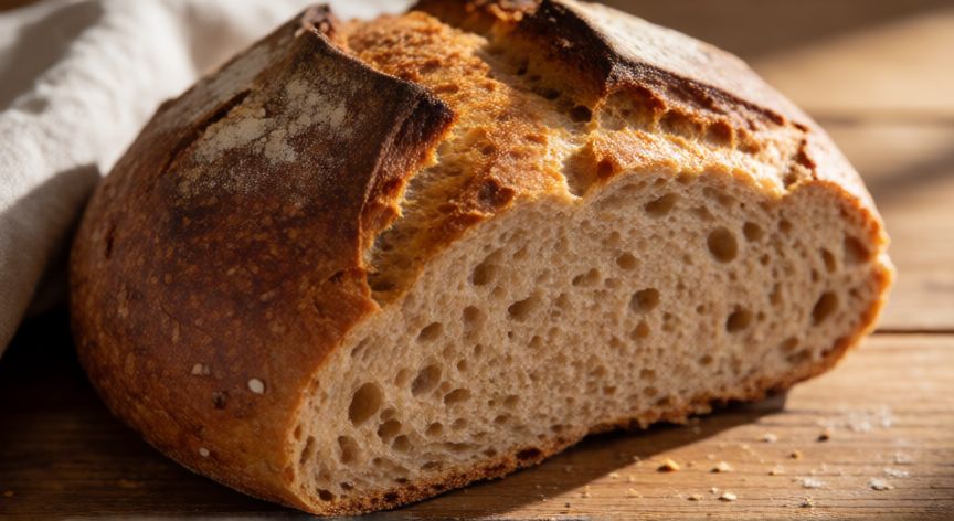 como hacer pan integral en thermomix, Pan integral casero recién horneado con corteza crujiente sobre mesa de madera