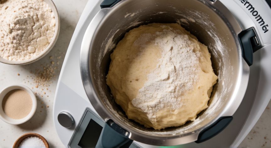 como hacer pan integral en thermomix, Masa de pan integral amasada en el vaso de la Thermomix lista para fermentar