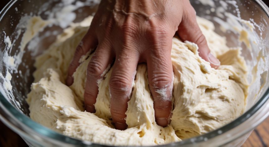 como hacer pan integral saludable en casa, Manos amasando masa de pan integral en un bol de cristal