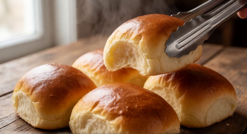 como hacer pan jala, Pan de jala recién horneado siendo estirado con pinzas sobre una mesa de madera