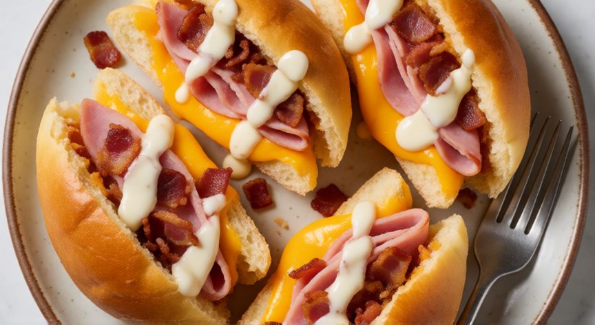 como hacer pan jala, Plato de pan de jala relleno con queso fundido, jamón y tocineta
