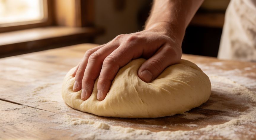 como hacer pan jamon, Manos amasando masa de pan jamón suave en una mesa de madera