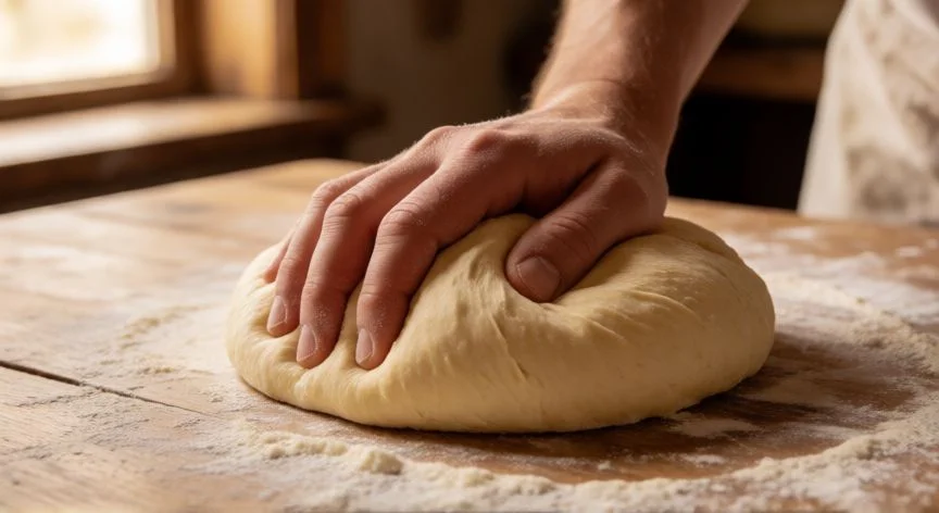 Manos amasando masa de pan jamón suave en una mesa de madera