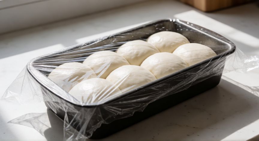 como hacer pan japones, Molde de horno con bolas de masa de pan japonés listas para la segunda fermentación