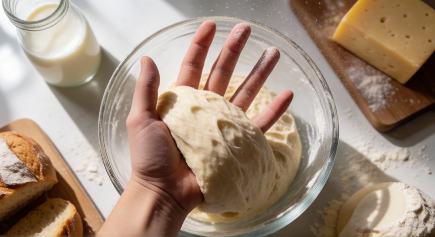 como hacer pan japones de queso, Manos estirando la masa de pan japonés mostrando la estructura del gluten