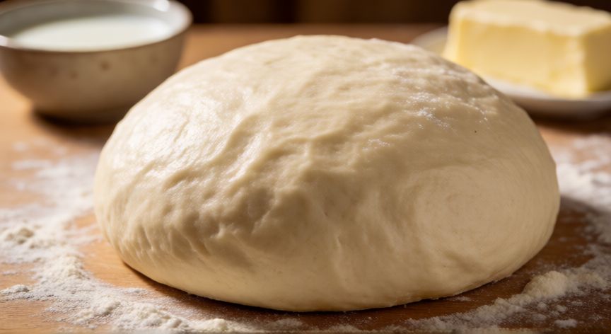 como hacer pan japones esponjoso, Masa de pan japonés amasada y lista para fermentar sobre superficie enharinada