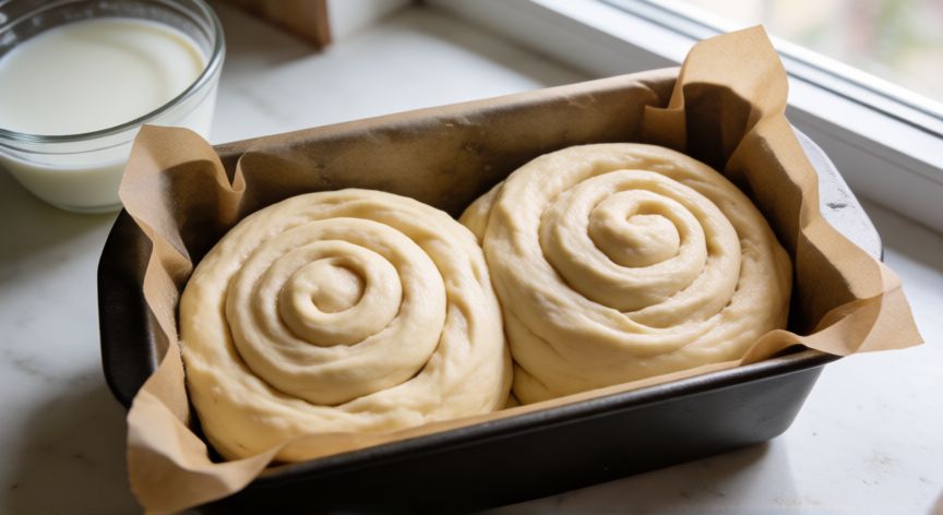 como hacer pan japones esponjoso, Molde de horno con masa de shokupan enrollada en espiral lista para la segunda fermentación