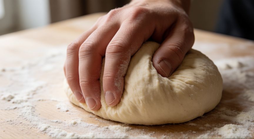 como hacer pan joseba arguiñano, Manos amasando una masa de pan suave sobre una mesa de madera